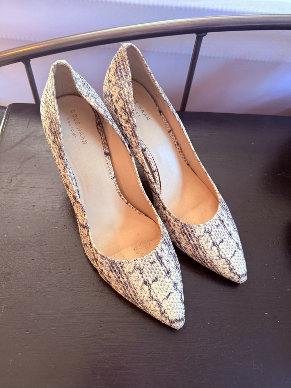 Cole Haan Beige and Black Snake-Print Pointed Toe Pumps